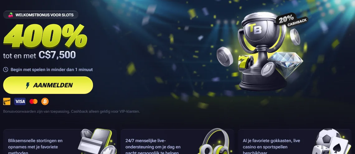 TenoBet — Slots pakket tot 400% tot € 5.000 over 4 stortingen; Sport pakket tot 300% tot € 3.000 over 4 stortingen